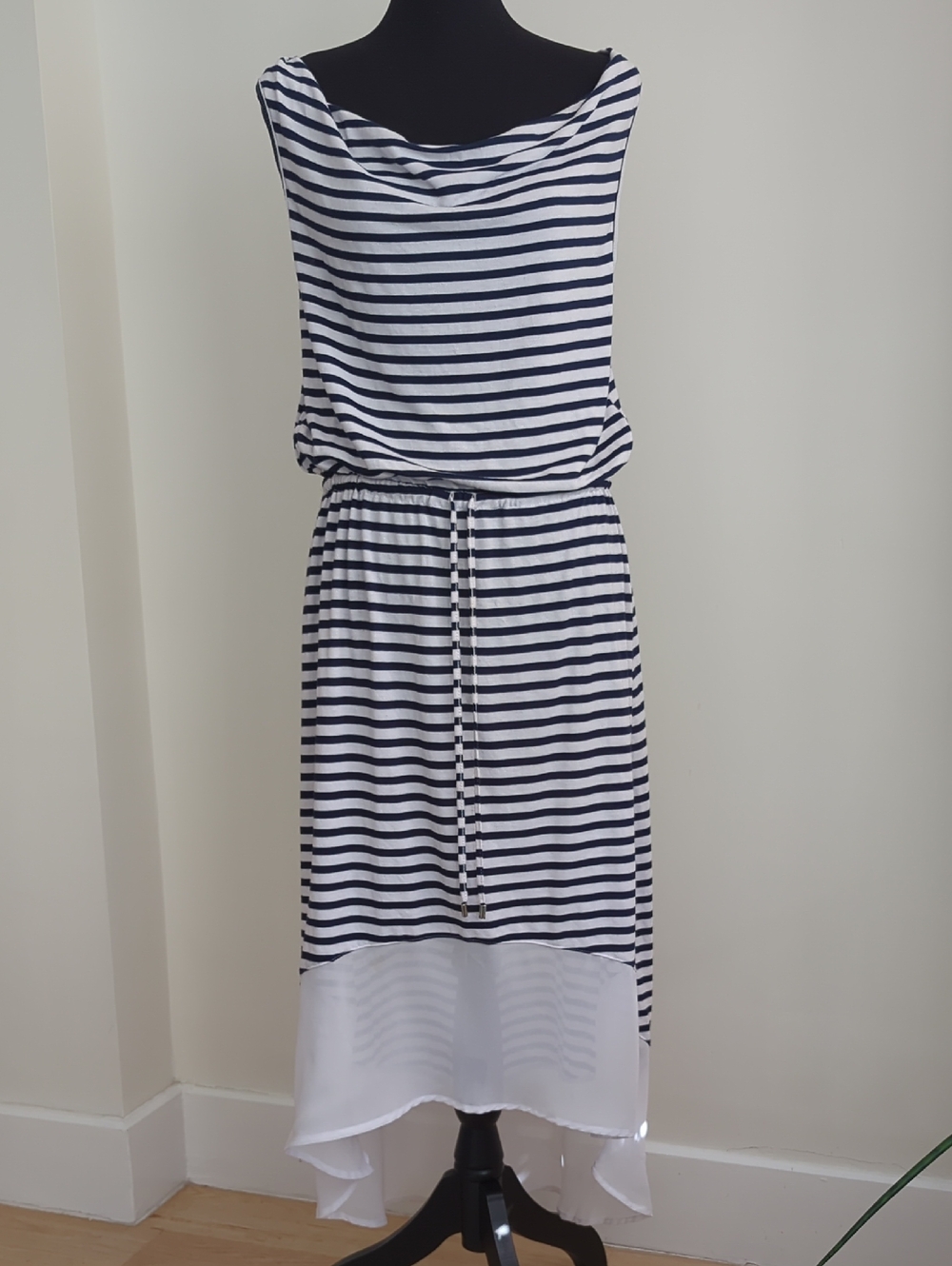 Seven7 Striped Cowl Neck Midi Dress Navy Sheer High-Low Hem LARGE